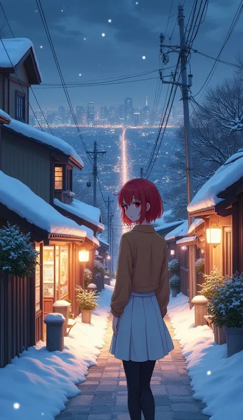 An anime style woman, 1, anime style To Love Ru, soft lighting, PLANO AMERICANO, Walking through a beautiful neighborhood in Japan, the path the steep ago, There are shops in the surroundings, all covered in light snow, few trees and people around, Tokyo c...