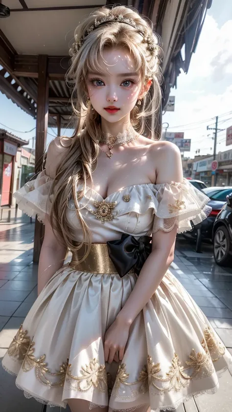 One beautiful girl、Cute、Round face、Big eyes、Droopy eyes、Fair-skinned beautiful girl。Her hair is a platinum gold bob.。The outfit is a white see-through lace top with a floral pattern.、The skirt is made of a lot of white see-through lace and has a small flor...