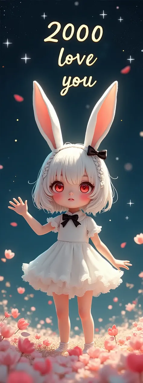 Cute little young girl with white skin, big red eyes, long white fluffy hair(with a big black hairbows and stylish hair decorated in a braid) with white rabbit ears, wearing a white frilly dress, looking at the sky,waving hand,Standing in the glass field w...