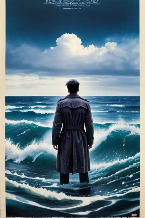 A movie poster for a British folk horror film from the 1970s, depicting a cliff, turbulent ocean waves, an ethereal waif, and a man in a trench coat beneath a somber gray sky.