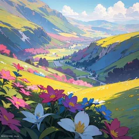 ((best quality)), ((masterpiece)), (detailed), landscape, No person, a lot of colorful flowers, Colorful flowers filling the screen