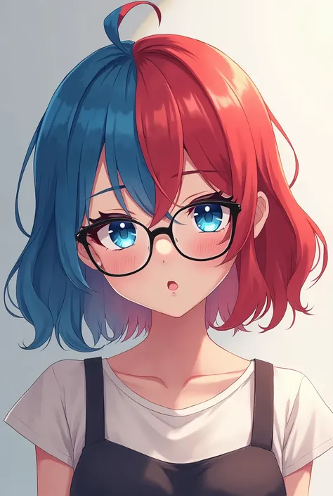 Anime girl with shoulder length hair. Hair is half blue on the right and half red on the left. Black glasses that are squared. Blue eyes. Chuckling.