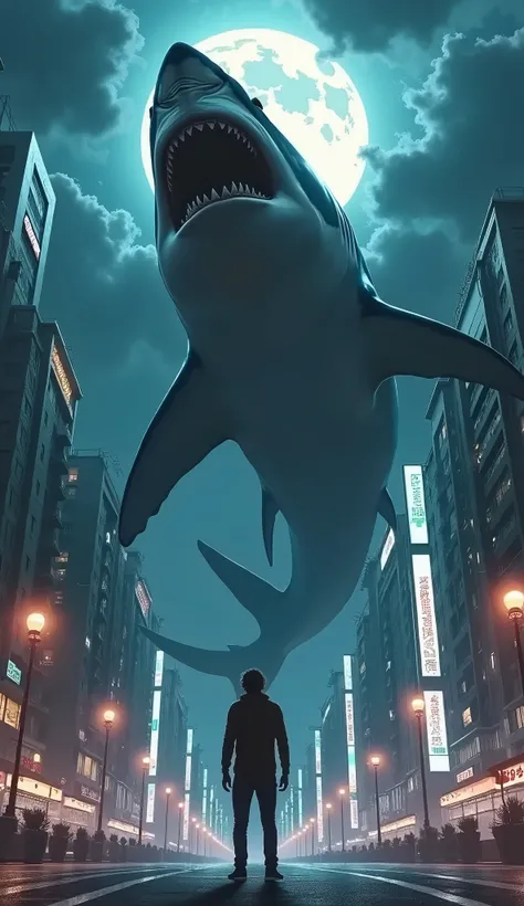 A large great white shark flying over Shibuya、Multiple Great White Sharks、The moment when a person is swallowed、Composition looking up from below、night、moon、Feelings of despair、Run and escape