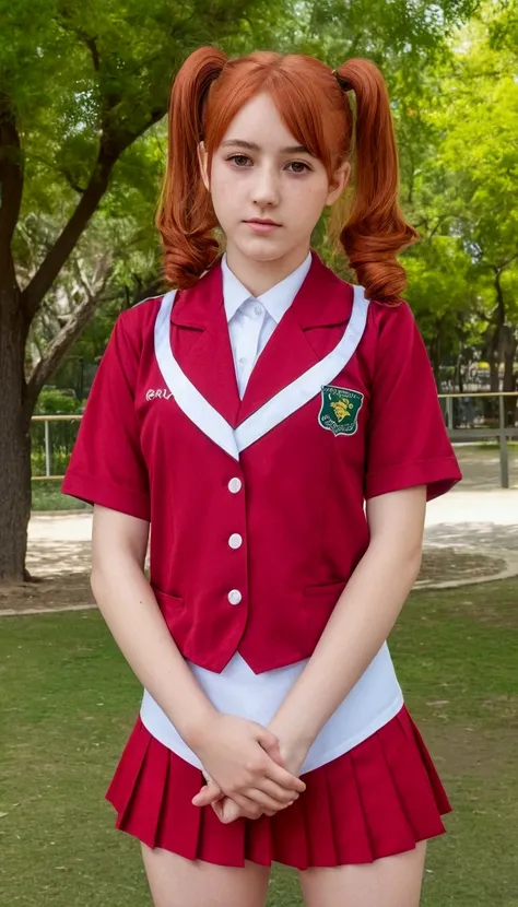 Hermosa adolescente de 15 años en el parque de pie con su uniforme escolar deja ver sus calzones blancos transparente breasts, Medium Twin Tails, The best quality, Red hair, breasts, ashamed, realism, front full bodyLooking at the viewer, Outdoors, 