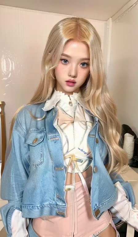 a close up of a doll with long blonde hair wearing a denim jacket and blue like eyes, ball jointed doll, artdoll, anime barbie d...