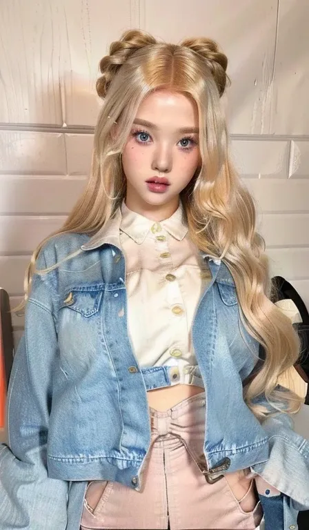 a close up of a doll with long blonde hair wearing a denim jacket and blue like eyes, ball jointed doll, artdoll, anime barbie d...