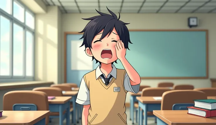 1 anime boy yawning with hand in front of mouth at school