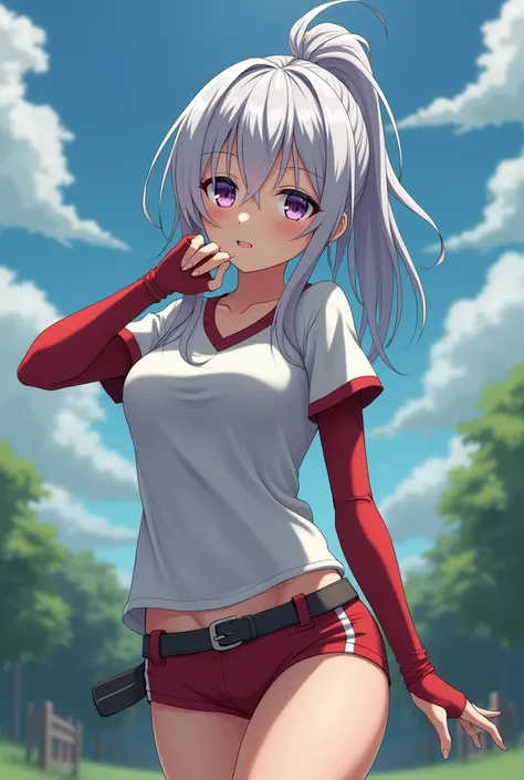 HD、Animation style、white hair 、Purple Eyes、girl、plump breasts 、High school student 、single ponytail、Baseball player、Light color short sleeve top、Long sleeve red underwear、Good shape、Thin、sash、Sky、cloud、sunny、Navel exposed、dazzler、Breasts exposed、ninja suit...