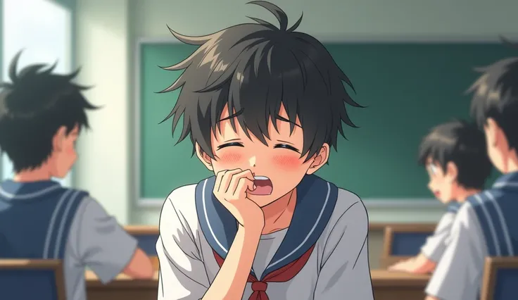 1 anime boy yawning with his hand in front of his mouth at school