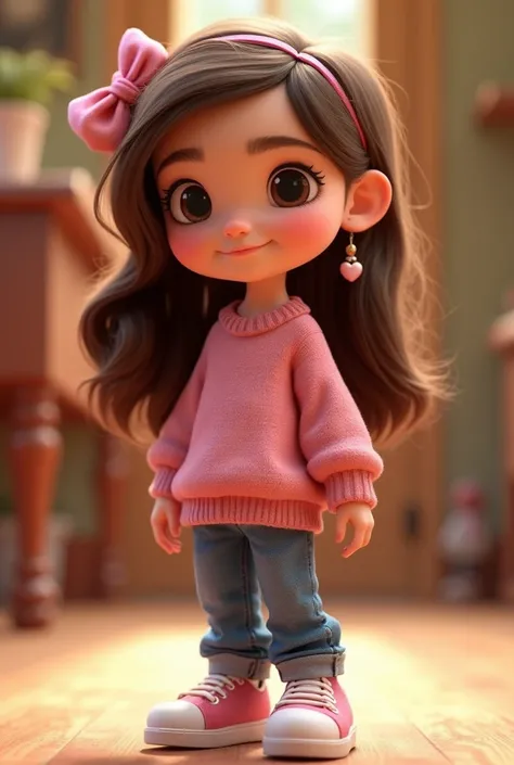 Pixar girl with long chocolate hair, wearing jeans, a pink sweater and sneakers, bows and ribbon and with a curious name of made