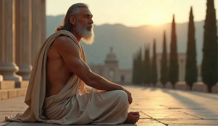 A highly detailed, photo-realistic image of a stoic sage, with a muscular, athletic build, sitting in an ancient Roman square.His simple toga drapes naturally across his form, with the fabrics texture and folds rendered in crisp detail. The lighting from t...