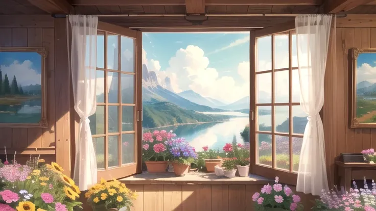 ((best quality)), ((masterpiece)), (detailed), landscape, no person, full of colorful flowers, a lot of colorful flowers, window