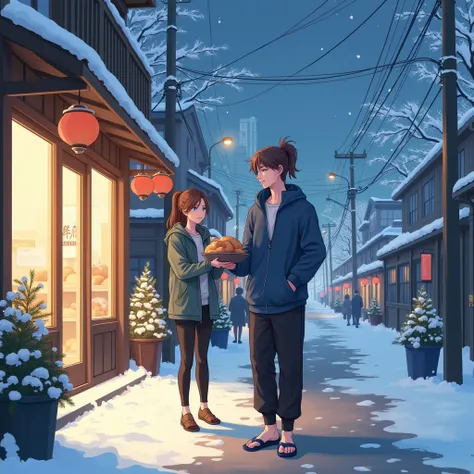 An anime style man, 1, anime style To Love Ru, soft lighting, Plano general, Standing outside a bakery in a beautiful neighborhood in Japan, the path is somewhat steep, There are shops in the surroundings, all covered in light snow, few trees and people ar...