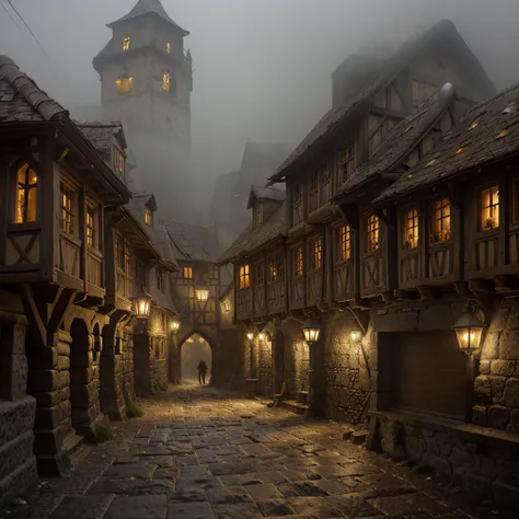 Gloomy medieval village with narrow cobblestoned streets covered in mud. Buildings are made of stone foundations, half timber with wattle and daub. Buildings are ramshackle with uper floors sittinf precariously further than lower ones. Lantern lights pierc...