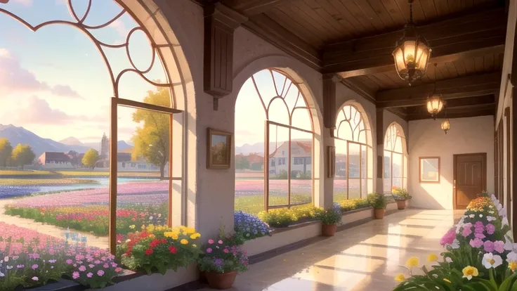 ((best quality)), ((masterpiece)), (detailed), landscape, no person, full of colorful flowers, a lot of colorful flowers, window