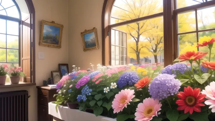 ((best quality)), ((masterpiece)), (detailed), no person, full of colorful flowers, a lot of colorful flowers, window