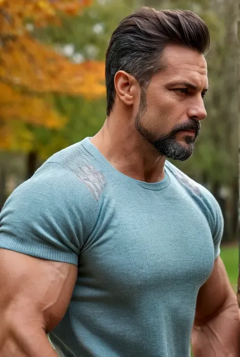 Handsome man, t-shirt, Manly and sexy in casual clothes, with a modern, vibrant winter fashion., strong and muscular legs, large lump, Ultra realistic 8k masterpiece with high detail of autumn park.. , close up , bodybuilder, wide legs,( bulging crotch ,  ...