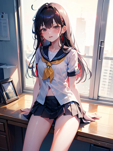 sunny，Sailor Suit，Black long hair，A female student，Frontal，Small chest：2.0，no underwear ，no pants ，No makeup，Short skirt