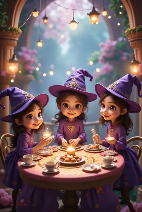 masterpiece, Best Quality, magic使いのお茶会, magic tea party, magic, Chibi, The charming witches, Extremely detailed and realistic eyes, happy, Vibrant, colorful,