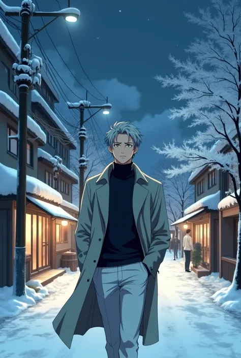 An anime style man, 1, anime style To Love Ru, soft lighting, PLANO AMERICANO, Walking through a beautiful neighborhood in Japan, the path is somewhat steep, There are shops in the surroundings, all covered in light snow, few trees and people around, Tokyo...