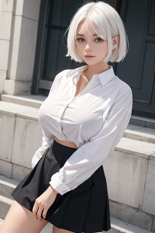 A girl has short white hair and she has large breasts and she is wearing her white shirt with black skirt and she is young and her clothes are ripped 