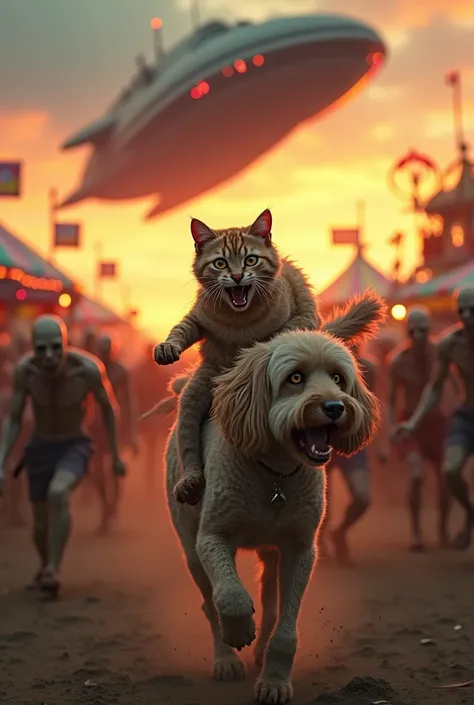 ultra realistic 8k photo, zombies running , decayed zombies with angry faces running after a Maine Coon tabby brown long hair cat riding on the back of a brown poodle dog like it was a horse, cat is afraid he has big fear eyes and mouth open wide, landscap...