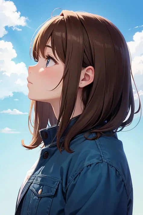 Profile of a brown-haired girl looking up at the blue sky