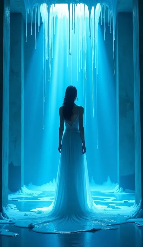 It&#39;s filled with blue light, A stunning full-body portrait of a woman standing gracefully in the center of a surreal room, elegant . Her perfect skin is、Her body is、Delicate dripping decoration, Flowing transparent white paint..。Wearing a sheer white d...