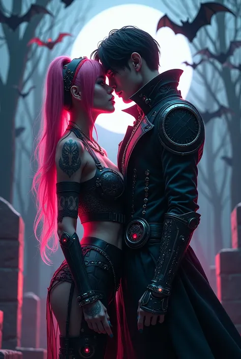 A magical young, beautiful & attractive girl & a handsome vampire boy sucking neck of the girl, with asian face, both wearing high technology cyberpunk vampire designs, with mesmerizing gazing eyes, full body details, with Halloween background, with cemete...