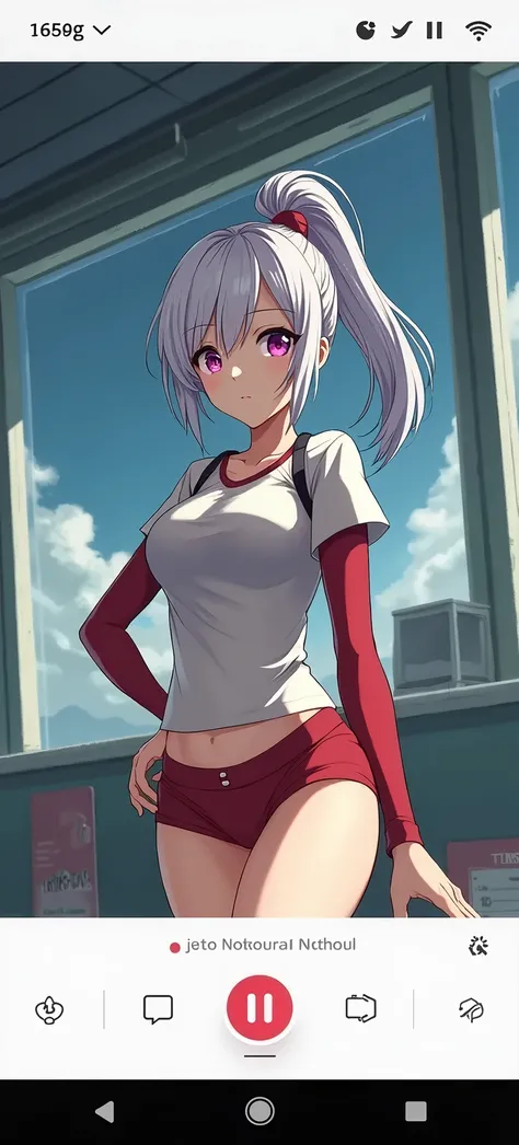 HD、Animation style、white hair 、Purple Eyes、girl、plump breasts 、High school student 、single ponytail、Baseball player、Light color short sleeve top、Long sleeve red underwear、Good shape、Thin、sash、Sky、cloud、sunny、Navel exposed、dazzler、Breasts exposed、ninja suit...