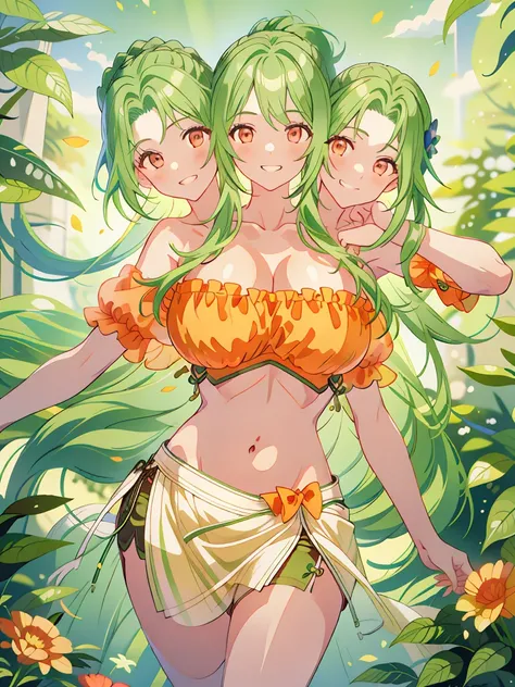 (masterpiece, best quality), best resolution, (3heads:1.5), 1girl, green hair, long flowing hair, smiling, grinning, open belly,...