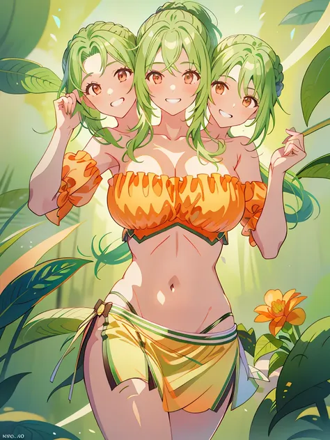 (masterpiece, best quality), best resolution, (3heads:1.5), 1girl, green hair, long flowing hair, smiling, grinning, open belly,...