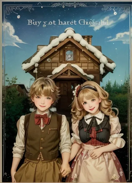 a picture illustration of two people standing in front of a house, hansel and gretel, cottagecore!!, boy and girl, cherubic, vintage shoujo, by Yanagawa Nobusada, 🍁 cute, 2 d cg, cute anime, digital art from danganronpa, anime cover, , cottagecore, anime s...