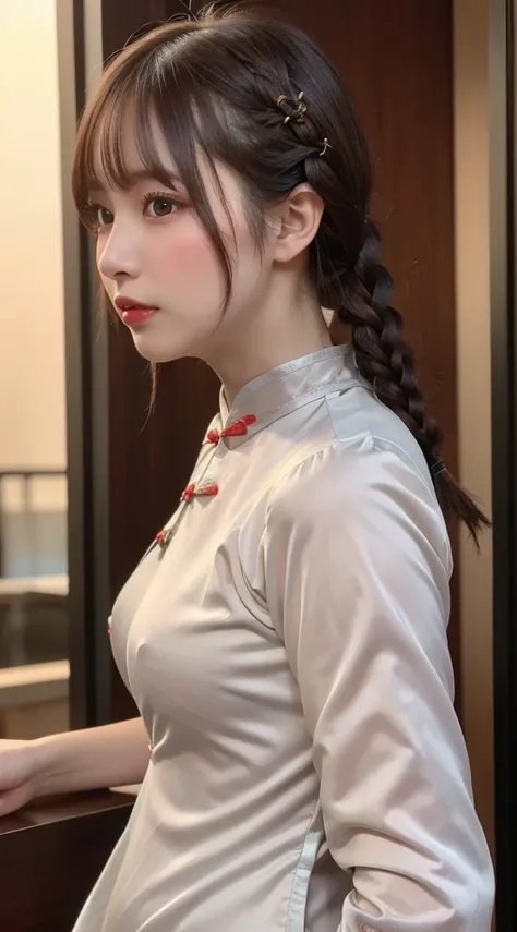 beautiful girl, Very beautiful detailed face, Laugh shyly, Deep Valley), (She has very large breasts、(((cheongsam))).Showing off your thighs.(((Big Breasts))):1.3), ((((Very large breasts.))), (Tight clothing), Her hair is braided, (Beautiful Face:1.2), Hi...