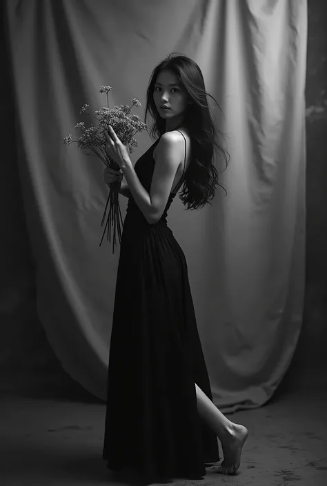 a beautiful indonesian girl with long hair wearing long backless dress, standing in front of grey grunge studio blackdrop with curtain effect, holding a bunch of dead flowers, cinematic lighting, rich shadow, portraits, bare feet, blurry effect, wind blows...