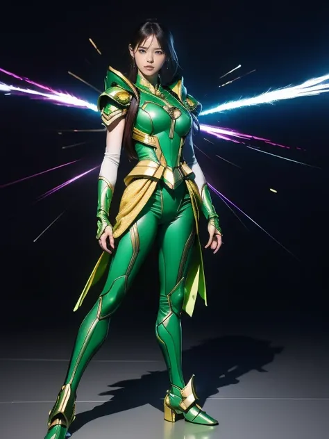 Full Body Shot, Very detailed, The costume colors were inspired by Gundam.、8k, Actual Photos, Impressive lighting, Dynamic action poses, Great energy effect,Green and gold color palette, Simple costume design, Advanced Technology, Heroic and powerful, The ...