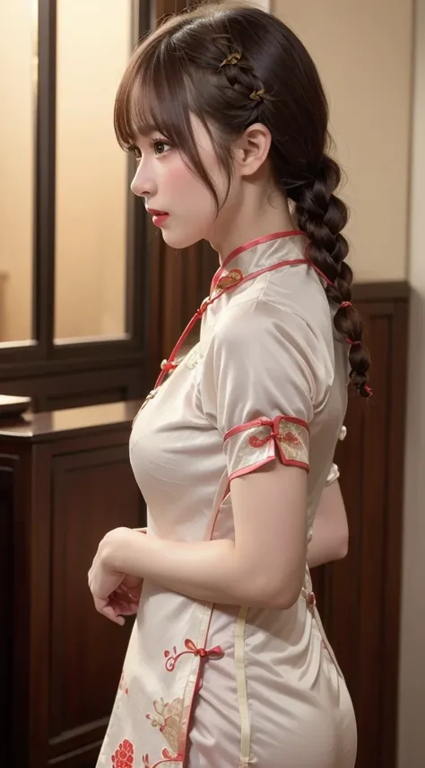 beautiful girl, Very beautiful detailed face, Laugh shyly, Deep Valley), (She has very large breasts、(((cheongsam))).Showing off your thighs.(((Big Breasts))):1.3), ((((Very large breasts.))), (Tight clothing), Her hair is braided, (Beautiful Face:1.2), Hi...