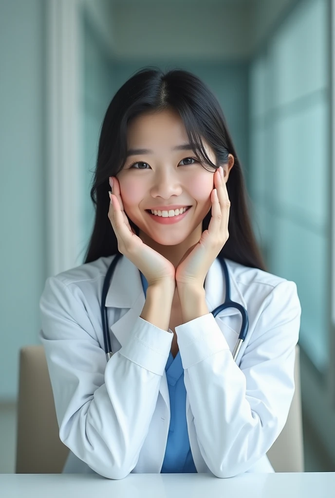 Medium shot of a smiling Japanese female doctor sitting with her hands raised, palms facing each other, fingers gently touching her face. Her beautiful, detailed features are framed by her hair and the playful expression enhanced by her facial touch. She h...