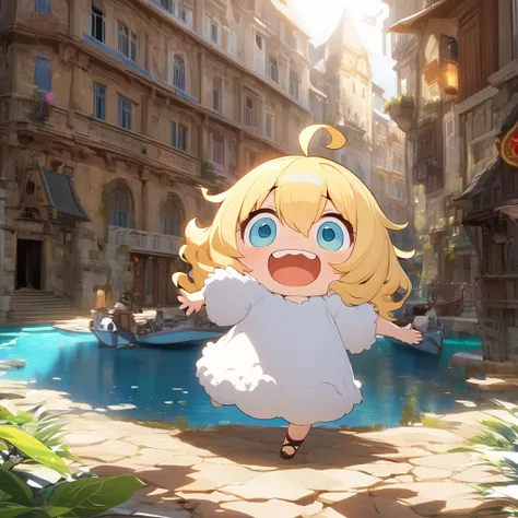 kawaii chibi character, travel the world on a paper plane,, laughing out loud with teeth showing, laughing with joy, big droopy eyes, huge mouth, yellow fluffy messy wavy short hair, ahoge, wearing fluffy dress, BREAK background world map, immersive views ...