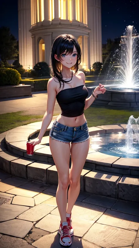 A girl, black hair, blue eyes, collections, white strapless tank top, booty shorts rojos, black tennis shoes. head on, Smiling, hands on the back, on a path in a park, at night, with a fountain behind.