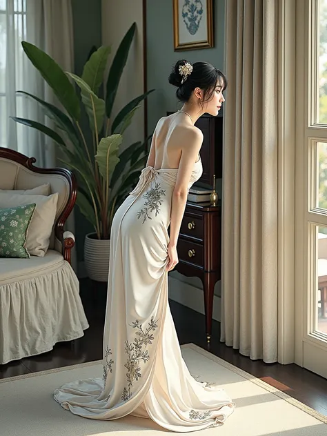 In an elegant home、In an embroidered silk nightgown、Xu々A Japanese woman takes off her gown to show her buttocks and quietly enjoys reading a book。