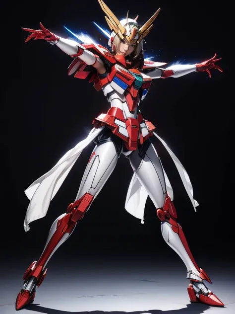 Full Body Shot, Very detailed, The costume colors were inspired by Gundam.、8k, Actual Photos, Impressive lighting, Dynamic action poses, Great energy effect,Red and silver color palette, Simple costume design, Advanced Technology, Heroic and powerful, The ...