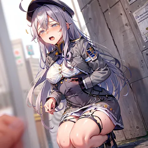 masterpiece, best quality, solo, vladilena milize, (grey eyes:1.5), grey hair, hair between eyes, long hair, ahoge, blue headwear, blue jacket, blue skirt, hat, jacket, military, military hat, military uniform, peaked cap, shirt, skirt, thighhighs, uniform...