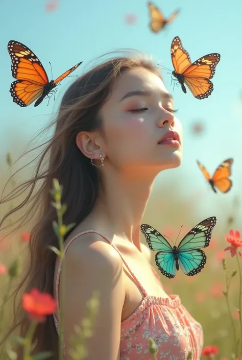 A soft, dream-like portrait of a young woman,
surrounded by vibrant and colorful butterfly around ,
set in a serene outdoor environment.
pastel blue sky background

full body shot
The focus is on the upper body

Background:
A pale blue sky,
symbolizing tra...