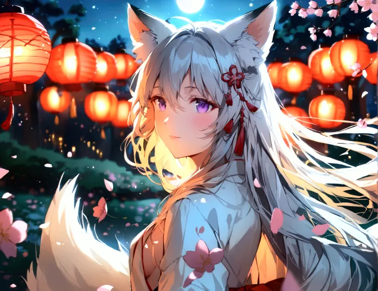 Anime Style、Fox Girl、Her hair is silver、Brown Naked、Miko costume、White fox ears、One white tail、Amethyst Eyes、Lanterns lined up、Cherry blossom trees、Facing forward、Full moon night