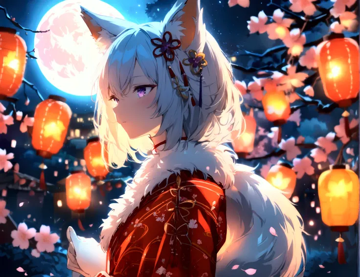 Anime Style、Fox Girl、Her hair is silver、Brown Naked、Miko costume、White fox ears、One white tail、Amethyst Eyes、Lanterns lined up、Cherry blossom trees、Facing forward、Full moon night