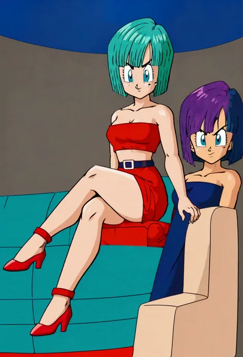 Bulma, Short hair, pelo aguamarina, bob cut. Blue eyes, bare shoulders, strapless, belt, medium chest, pink shirt, Pink mini skirt, sitting on a sofa, full body, bare legs with red heels, crossed legs,serious guy