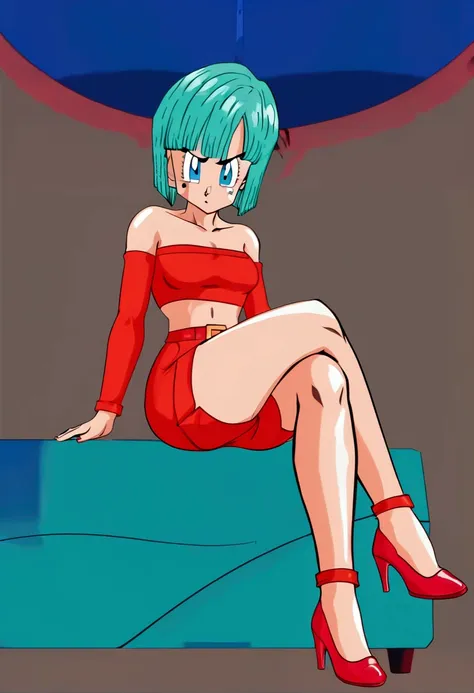 bulma, short hair, pelo aguamarina, bob cut. blue eyes, bare shoulders, strapless, belt, medium chest, pink shirt, pink mini ski...