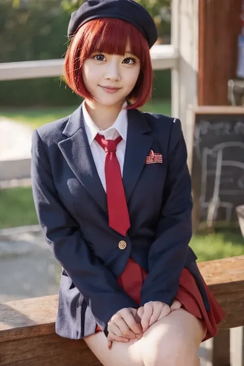 high school girl, red hair, bob cut, red eyes, 150 cm height, navy blue beret, navy blue jacket, red bow tie, light gray flared skirt, looking at viewer, sitting in classroom, spread legs, nsfw