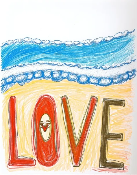 Beach by the sea，The beach changes color after the waves fade away，Write the word &quot;LOVE&quot; on the beach，There is a picture of Dad under the words、Mother、daughter，Stick Figure，Simple doodle，Poor painting skills，Crayon Drawing，Fairy tale style，Pure w...